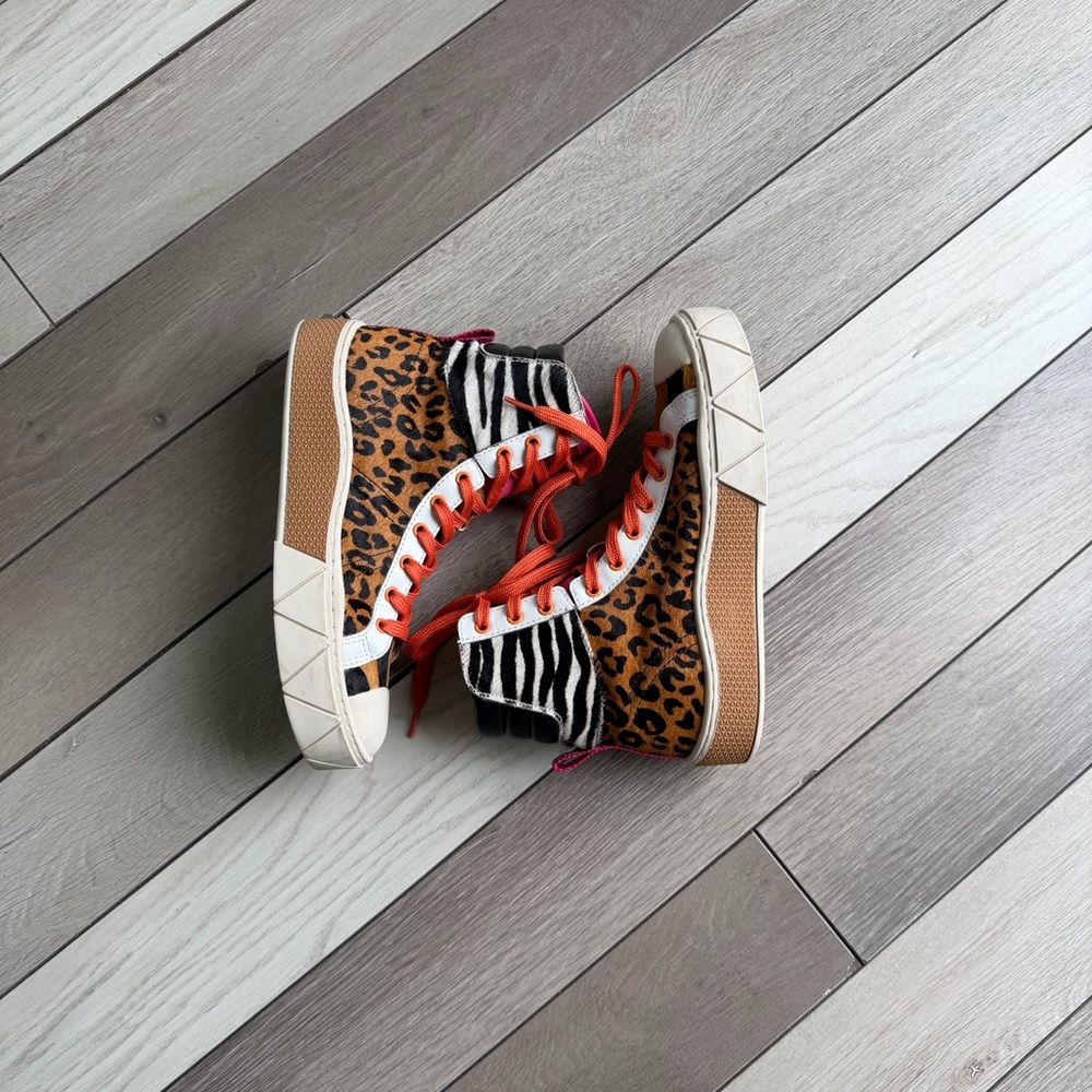 SCHUTZ Leopard & Zebra Print High-Top Sneakers with Orange Laces